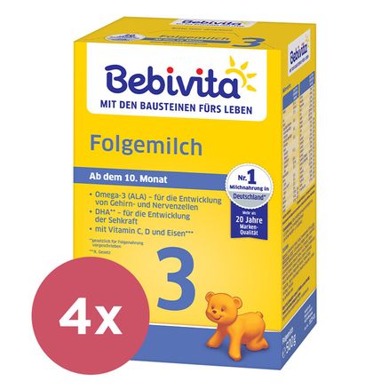 4x BEBIVITA Mlieko 3 Instantné následná mliečna výživa od uk. 9. mesiaca, 500 g