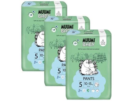 MUUMI Baby Pants 5 Maxi+ 10-15 kg (114 ks), mesačné balenie nohavičkových eko plienok