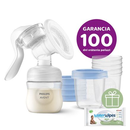 Philips AVENT Odsávačka materského mlieka manuálna + VIA 180 ml 5 ks + Darček WaterWipes