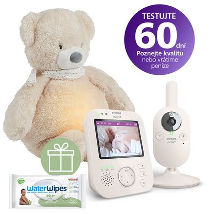 Philips AVENT Pestúnka detská video SCD891/26+NATTOU Uspávačik 4v1 Sleepy Bear Beige 0m++WW 60ks + Darček WaterWipes