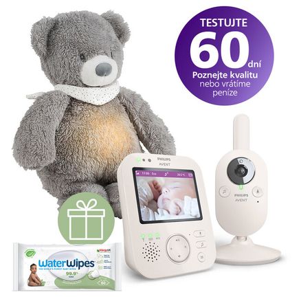 Philips AVENT Pestúnka detská video SCD891/26+NATTOU Uspávačik 4v1 Sleepy Bear Grey 0m++WW 60ks + Darček WaterWipes