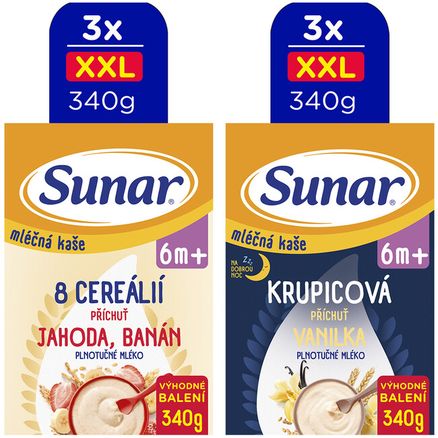 SUNAR Kaša mliečna XXL mix príchutí, 6m+,  6x340g